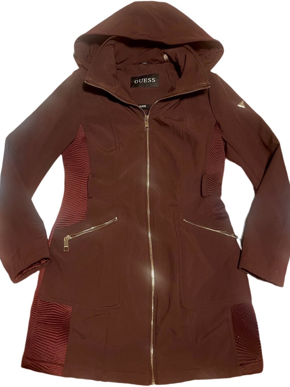 GUESS Hooded Parka Coat in Burgundy with Ribbed Panels